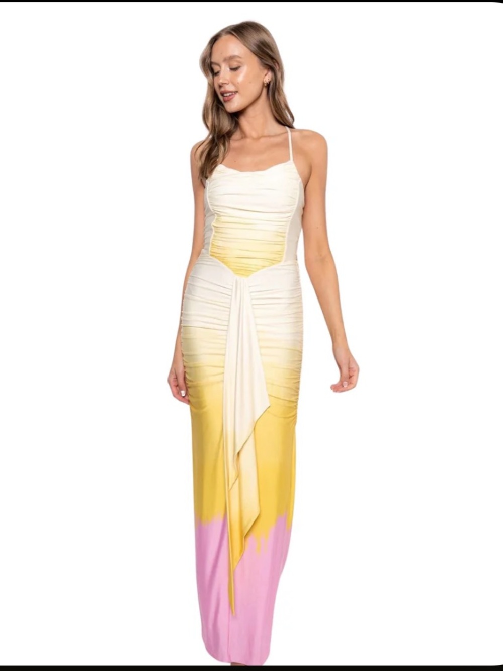Spaghetti-Strap Ombre Maxi Dress in White, Yellow & Pink